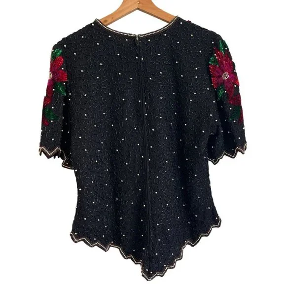 Vintage 90s Laurence Kazar Women Top Size XL Sequin Beaded Floral Party Holiday - Picture 3 of 13